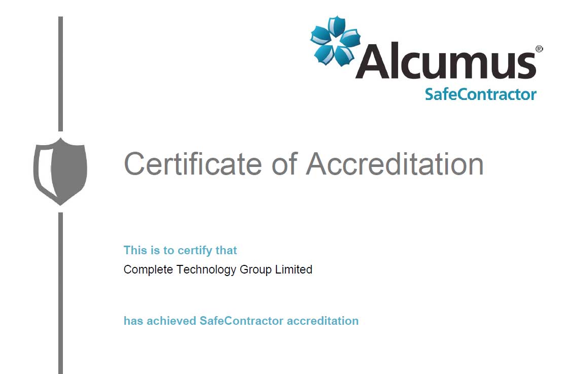 Alcumus Safe Contractor certificate of acreditation